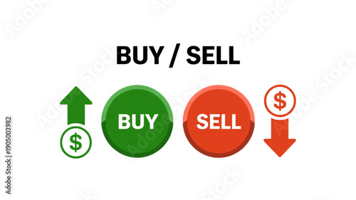 Buy and sell trading stock buttons isolated on transparent background.