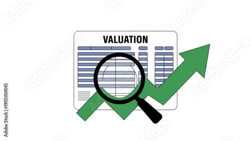 Magnifying glass on financial valuation report isolated on transparent background.