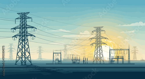 Electric power transmission towers at sunset.