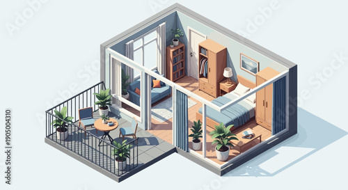 Isometric view of a modern apartment with bedroom, living room, and balcony, urban lifestyle
