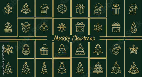 Merry Christmas greeting card with gold Christmas icons on green background.