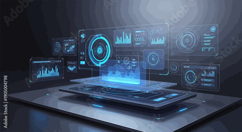 Futuristic laptop displaying a holographic interface with data analytics and financial dashboards in a dark high-tech environment.