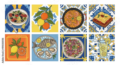Mediterranean food collection featuring delicious paella, fresh seafood, citrus fruits, and traditional Spanish decorative tiles on a vibrant background.