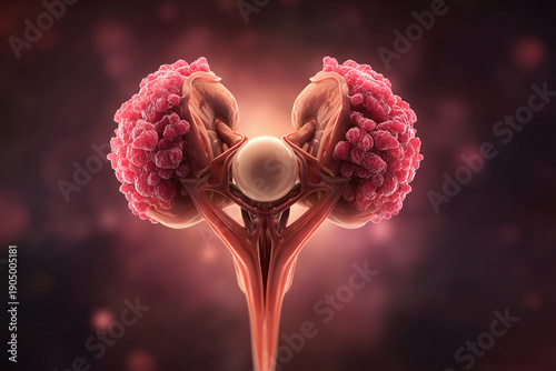 Understanding human reproductive anatomy with focus on the ovaries, egg cells, and sperm in a detailed medical representation