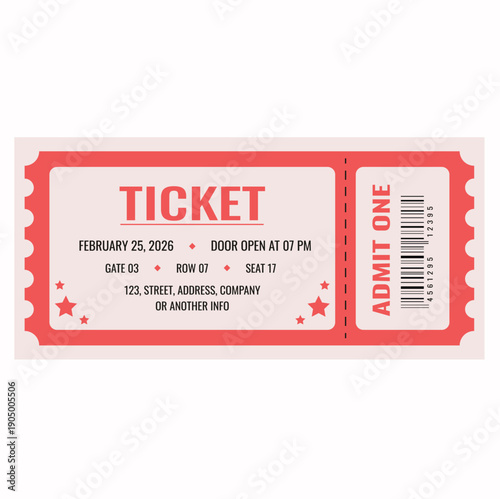 a ticket in red color with the address, place and time indicated