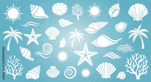 Seamless pattern with white ocean elements like seashells, starfish, coral, sun, and palm trees on a light blue background.