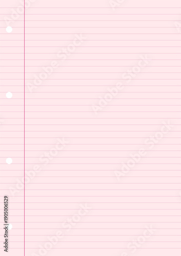 Schilderij op canvas Pink Lined Notebook Paper Sheet with Red Margin and Holes.