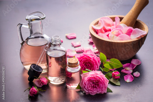 Bottles of essential rose o...