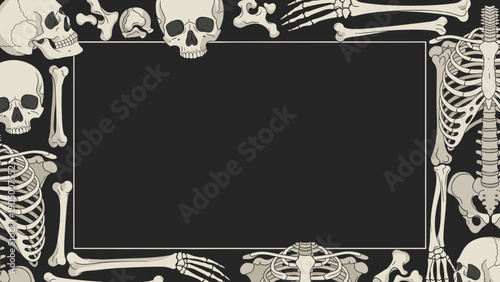 A spooky border of human skeletons on a with a central black rectangle for text or image