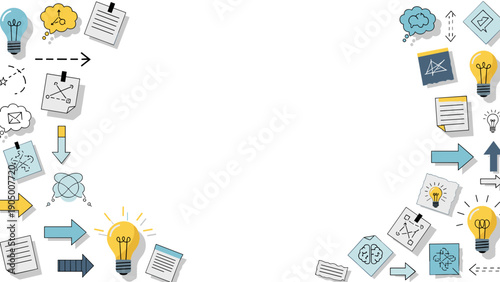 Business process workflow and brainstorming concept with various office supplies and light bulbs