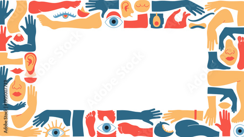 Vibrant diverse hands and eyes forming a colorful border frame with various gestures and expressions