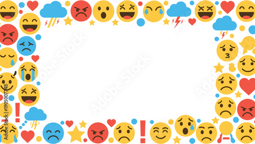 Colorful border frame made of various cute emoji faces and symbols for decoration and design
