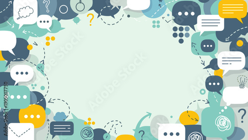 Colorful chat and communication icons border with question marks and speech bubbles on light green background
