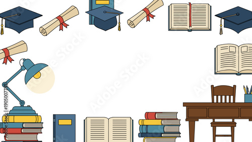 Education icons with books, graduation caps, diplomas, and desk on isolated for learning concepts
