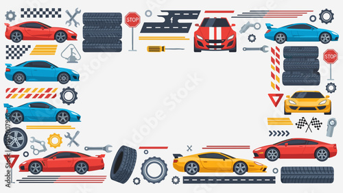A colorful collection of various cars and automotive tools and parts on a light gray background