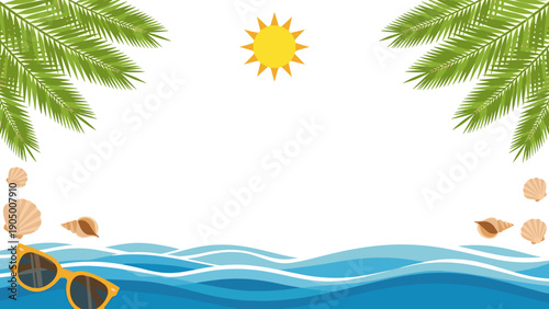 A vibrant summer scene with sunglasses on the beach with palm trees and seashells scattered around