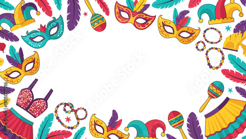 Colorful mardi gras mask and party accessories border frame on for festive celebrations and events decoration