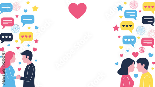 Vector illustration of diverse couples with colorful social media chat bubbles and heart symbols