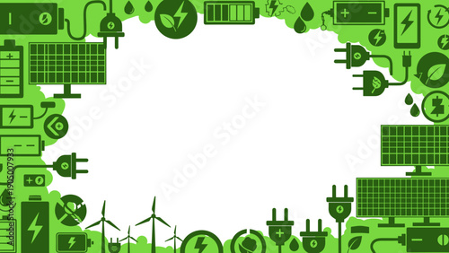 Green eco friendly technology icons border with various sustainable energy symbols and gadgets on for environmental concepts