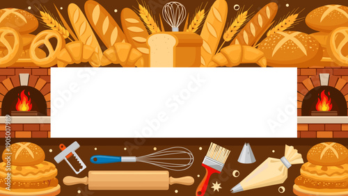 Baking tools and bread on a brown background with ovens and wheat, kitchen utensils for pastry making