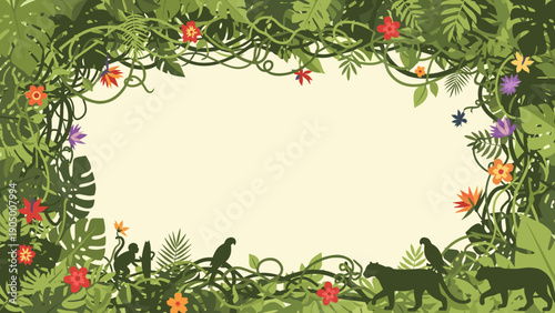 Vibrant jungle scene with lush greenery colorful flowers and exotic animals border frame