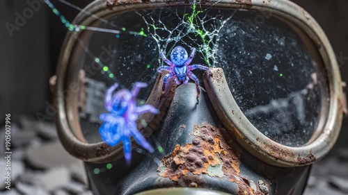 Rusty gas mask with spiders on the lens in a dark environment.