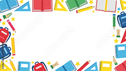 Colorful school supplies border frame with books, pencils, and backpacks on for educational decoration