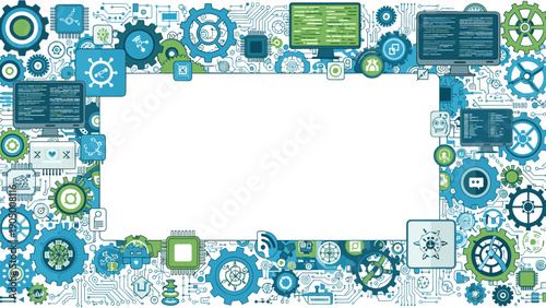 Blue and green gear border frame with white empty space for text or image