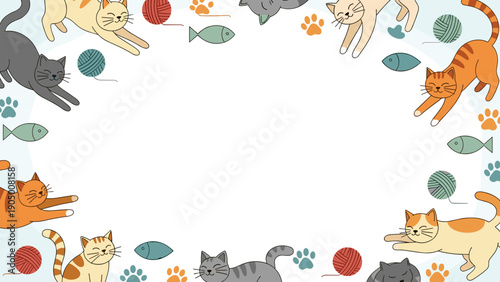 Colorful illustration of cats playing with balls and fish on a light blue background with paw prints