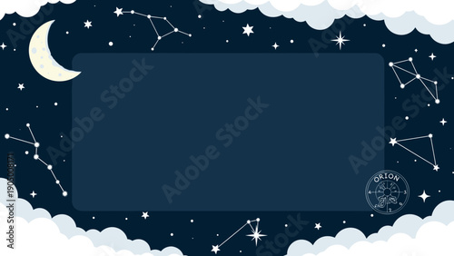 Night sky scene with stars constellations moon and clouds border frame template for text