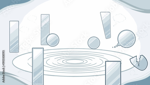 A blue and white abstract illustration of shapes and concentric circles