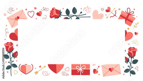 Valentines day frame with red hearts, roses, and gifts on for love and romance