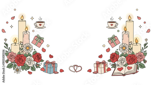 Valentines day celebration with candles, flowers, gifts, and hearts on for romantic holiday decoration