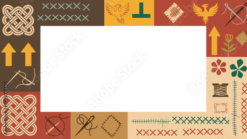 Colorful ornamental border with various patterns and symbols on a multicolored background