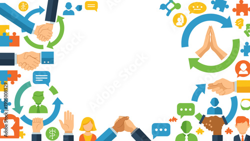 Colorful illustration of various communication and teamwork icons forming a border on a for business or social media concepts