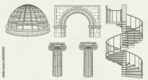 Architectural elements including dome, arch, columns, and spiral staircase in a technical drawing style
