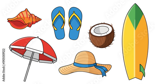 A colorful set of beach vacation items including flip flops, hat, and surfboard