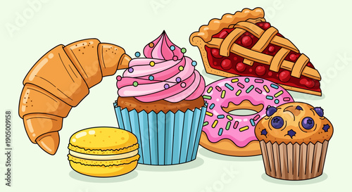 Assorted sweet baked goods including croissant and cupcake on light green background