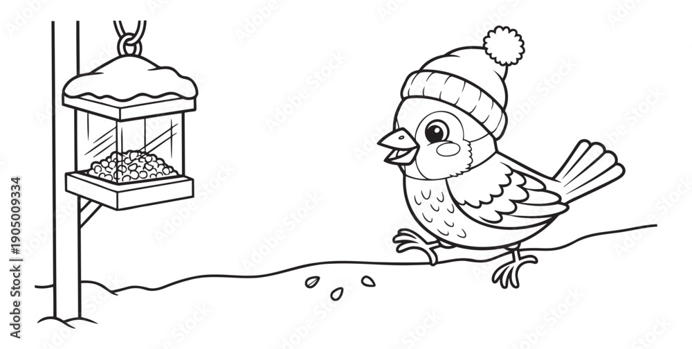Fototapeta premium Cartoon bird wearing hat next to bird feeder in winter scene 