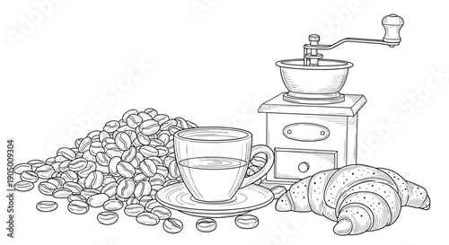 A coffee cup on a saucer with coffee beans and a grinder and croissant