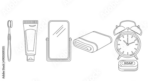 Morning routine objects including toothbrush, toothpaste, smartphone, towel, and alarm clock