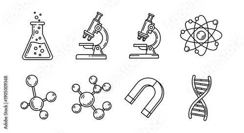 Science icons including microscope, beaker, atom, molecule, dna, and lab equipment