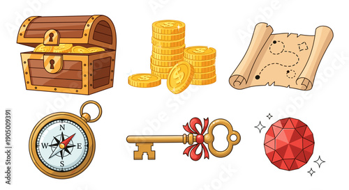 A collection of treasure hunting icons including chest, coins, map, compass, key, and gem