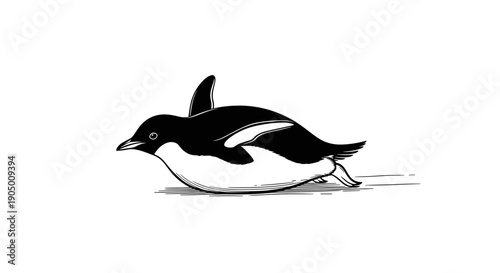 A black and white illustration of a penguin waddling on a surface with a pure