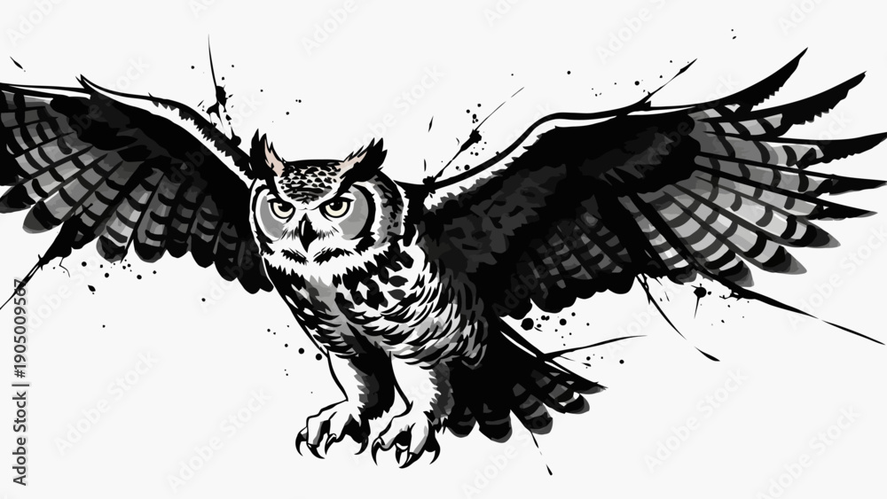 Naklejka premium dynamic black and white great horned owl flying illustration powerful wings outstretched artistic ink splatter style symbolizing wisdom.