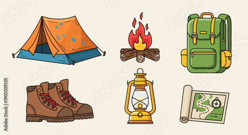 Camping gear and equipment for outdoor adventure travel and hiking excursions