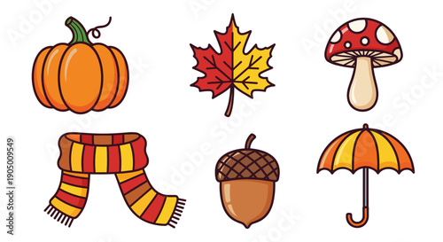 Autumn icons including pumpkin, leaf, mushroom, scarf, acorn, and umbrella