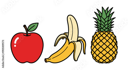 Colorful cartoon illustration of apple, banana, and pineapple fruits