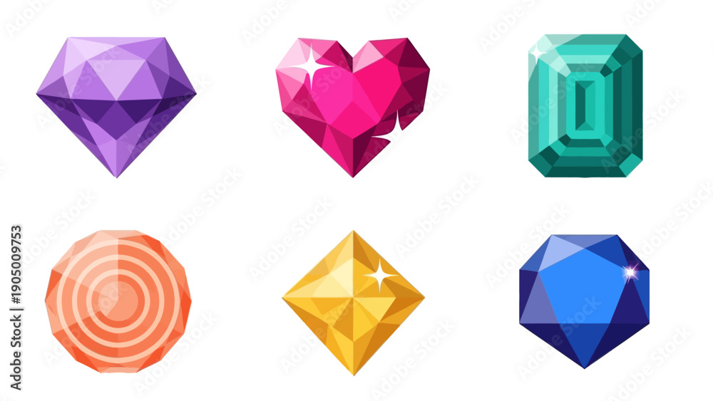 Fototapeta premium geometric faceted gemstones set of colorful jewels in varied shapes like diamond heart and emerald for gaming.