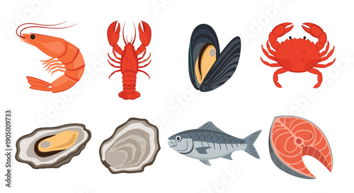 Assorted seafood icons including shrimp, lobster, mussel, crab, oyster, fish, and salmon fillet